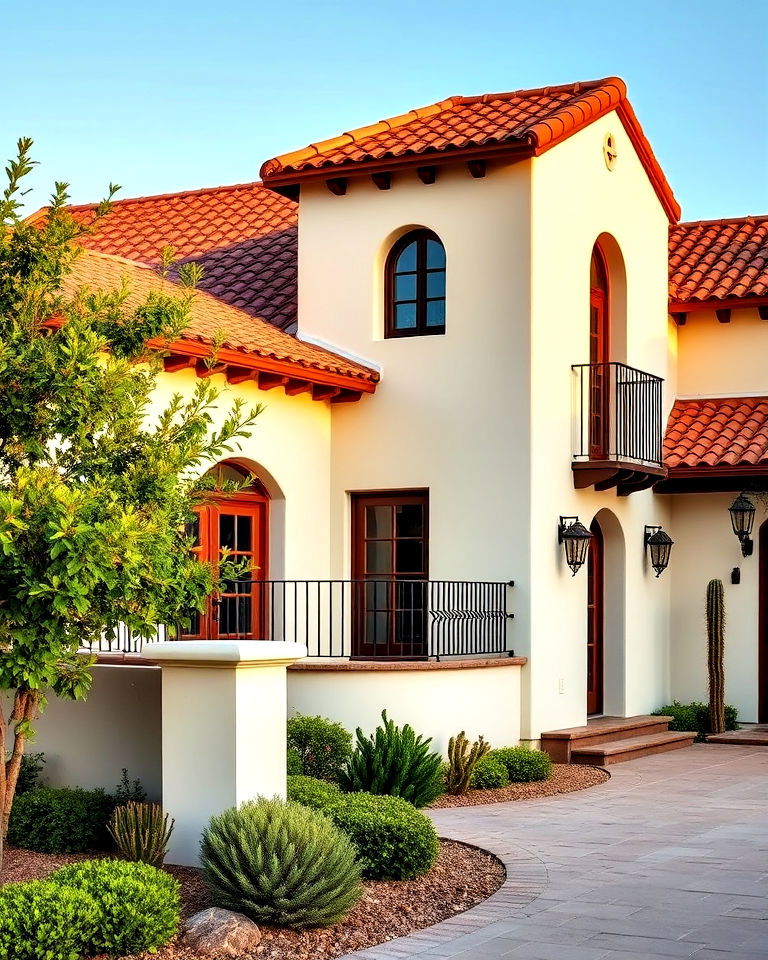 mediterranean style exterior with cream walls and brown roof tile - 20 Cream and Brown House Exterior Ideas