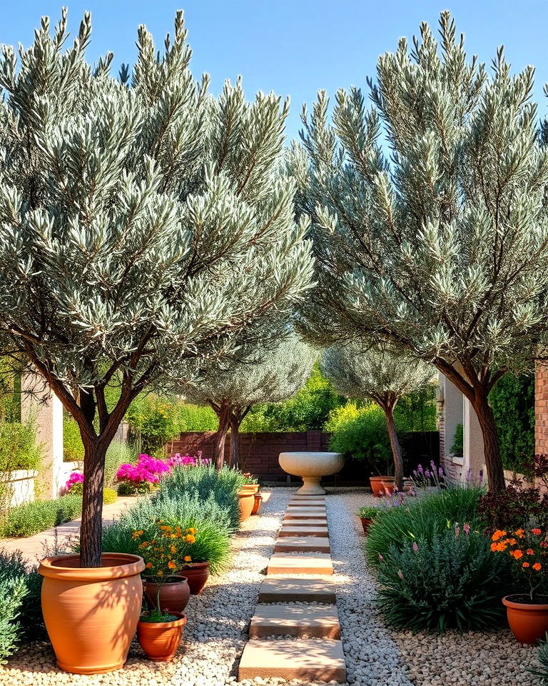 mediterranean style gardens with olive trees - 25 Drought Tolerant Landscaping Ideas
