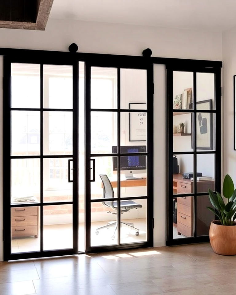 metal and glass office doors - 30 Industrial Home Office Ideas