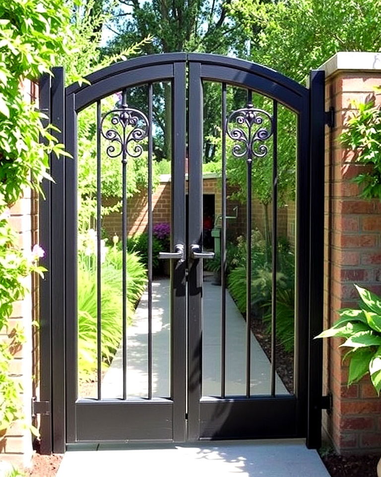 metal gate with glass insets - 20 Metal Garden Gate Ideas