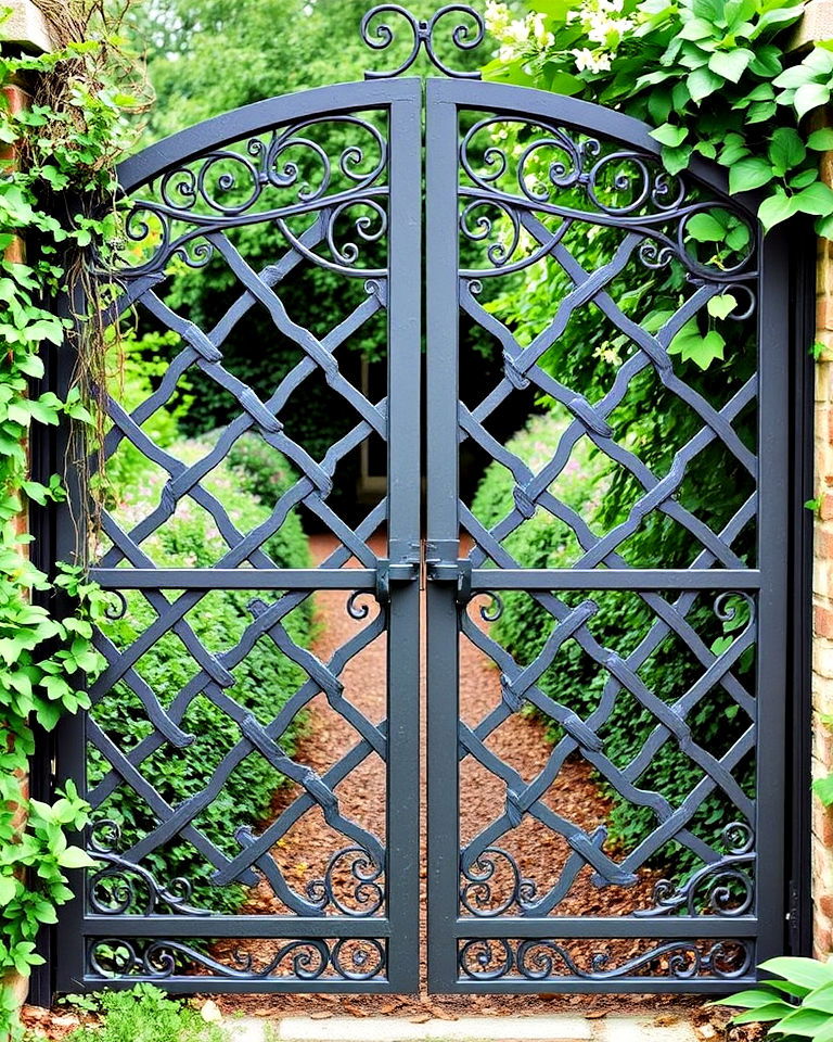 metal gate with intricate latticework - 20 Metal Garden Gate Ideas