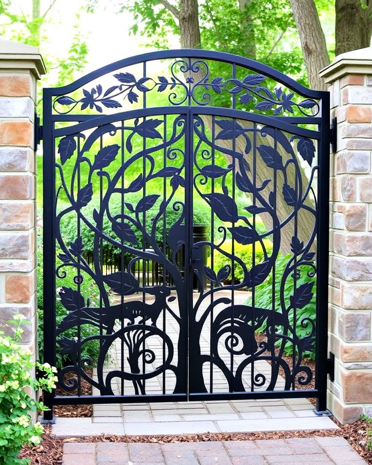 metal gate with nature inspired motifs - 20 Metal Garden Gate Ideas