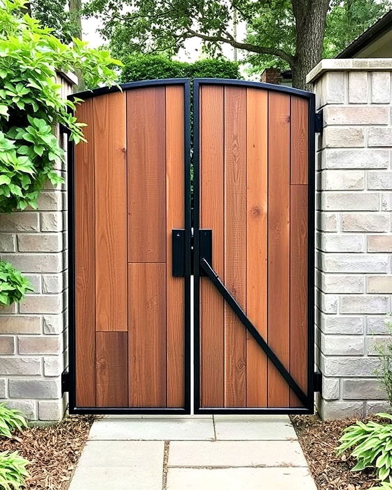 metal gate with wooden accents - 20 Metal Garden Gate Ideas