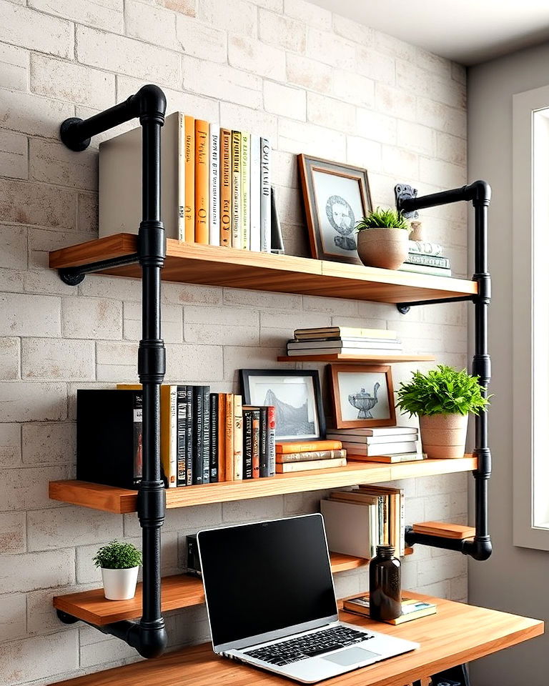 metal pipe shelving units for office - 30 Industrial Home Office Ideas
