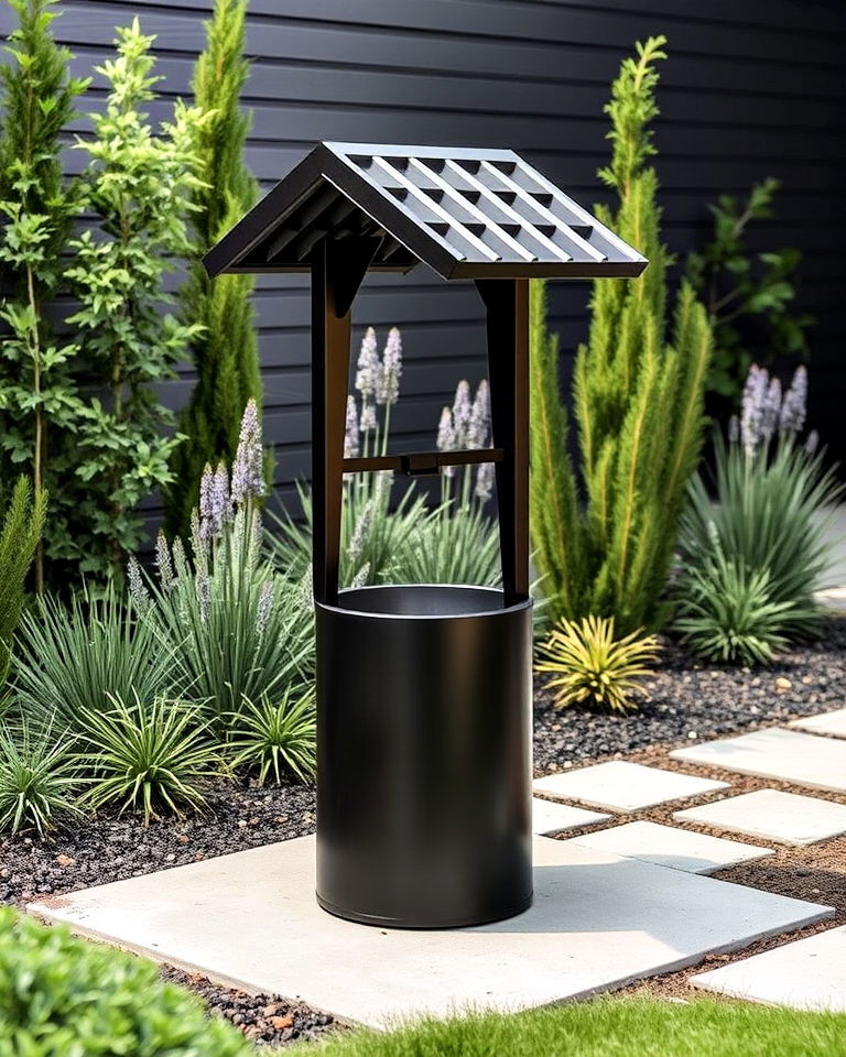 metal wishing well for modern gardens - 15 Outdoor Wishing Well Garden Ideas