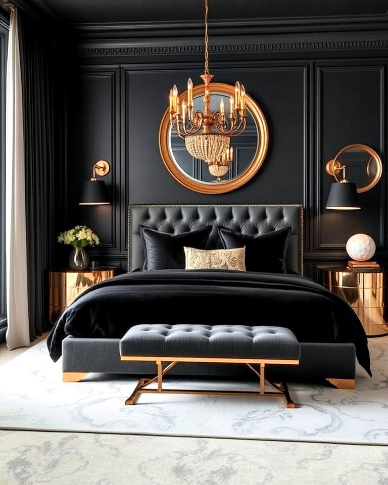 metallic accents for luxury black bedroom - 25 Luxury Black Bedroom Ideas