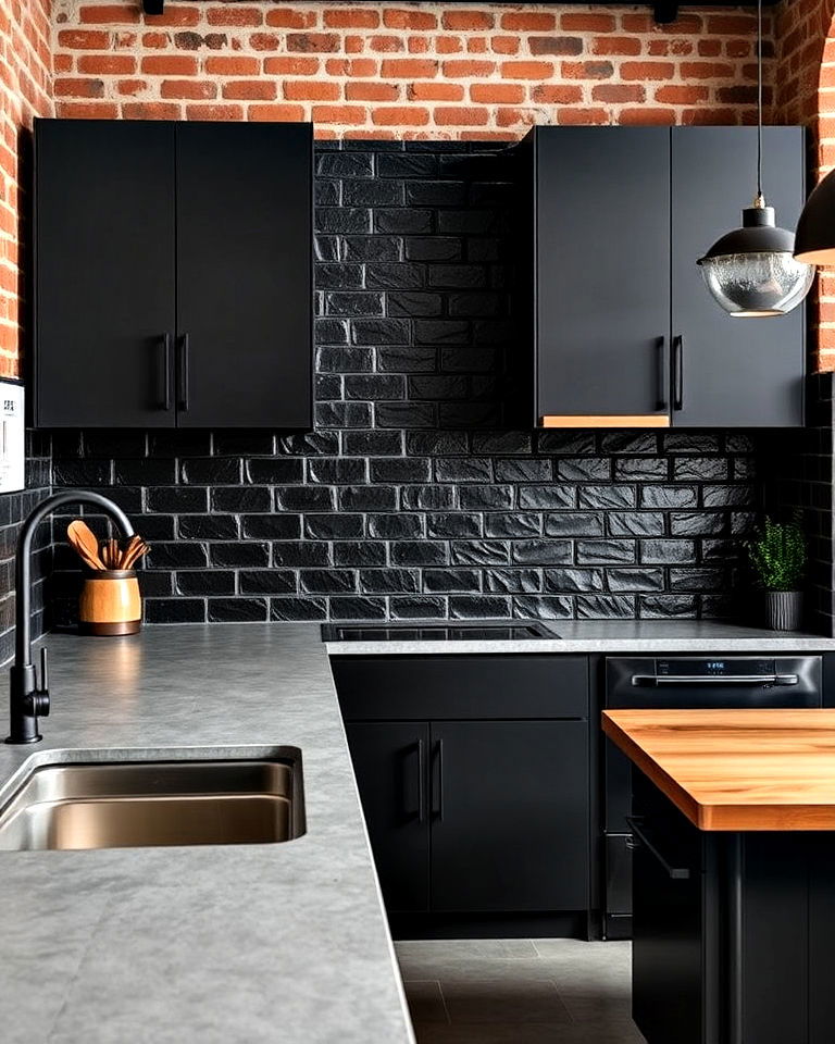 metallic black backsplashes for industrial vibes - 20 Kitchens With Dark Backsplashes