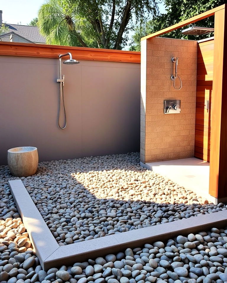 mexican beach pebbles for outdoor shower base - 15 Mexican Beach Pebbles Landscaping Ideas