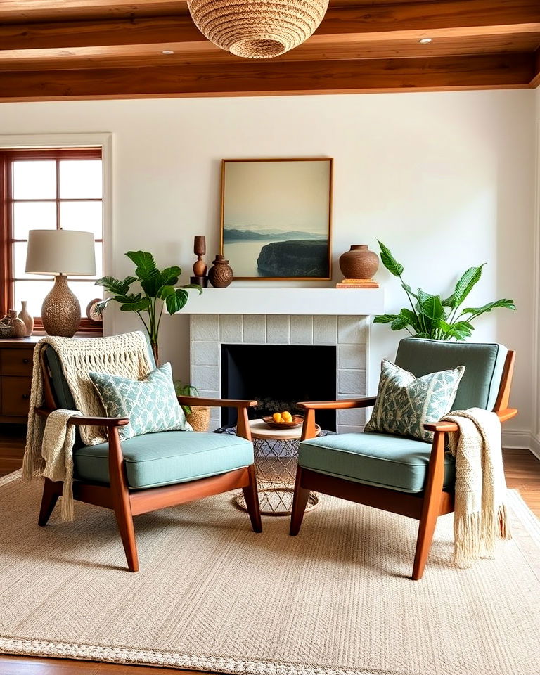 mid century armchairs with macrame throws - 25 Mid Century Boho Decor Ideas