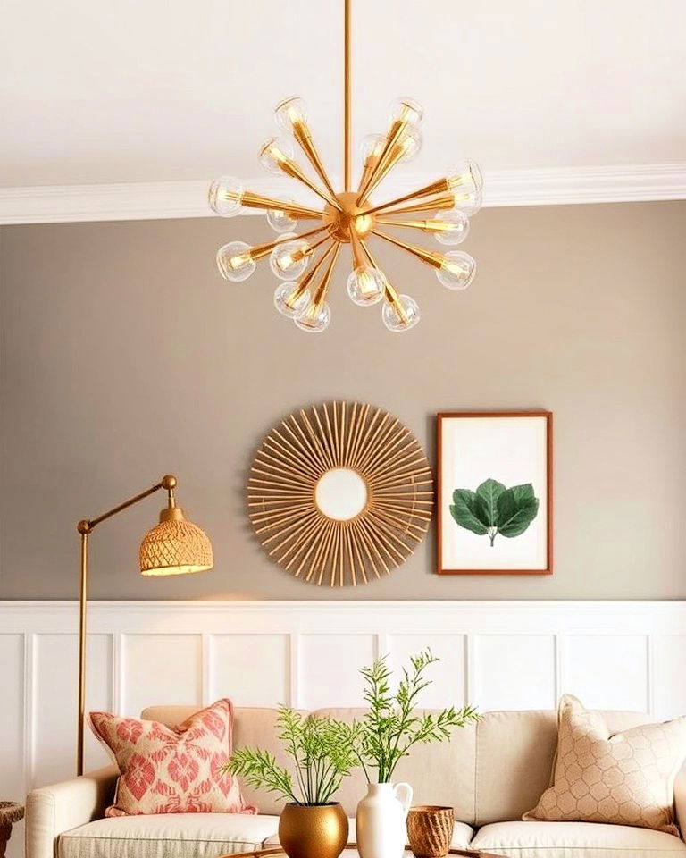 mid century living room lighting with boho details - 25 Mid Century Boho Decor Ideas