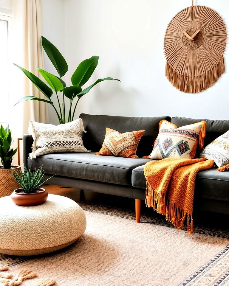 mid century sofa with tassel detailed cushions and throw - 25 Mid Century Boho Decor Ideas