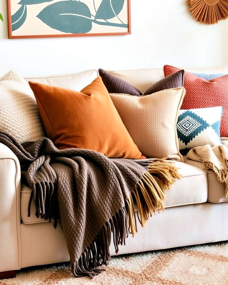 mid century sofa with textured throws and cushions - 25 Mid Century Boho Decor Ideas