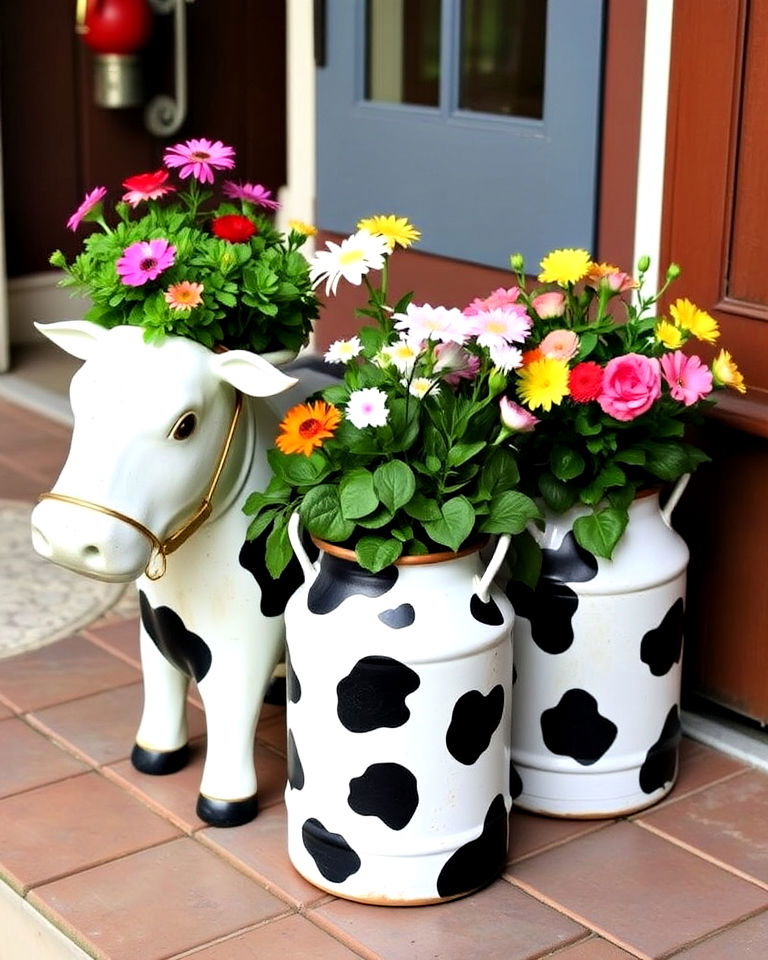milk can cow themed planters - 15 Cow Planter Pot Ideas