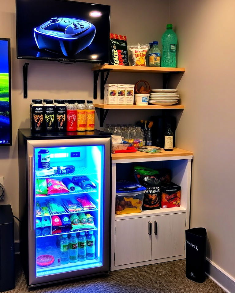mini fridge and snack bar man cave gaming - 20 Gaming Man Cave Ideas