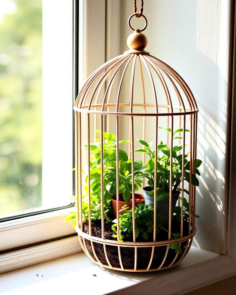 mini herb garden bird cage on a sunny windowsill - 15 Bird Cage Planter Ideas