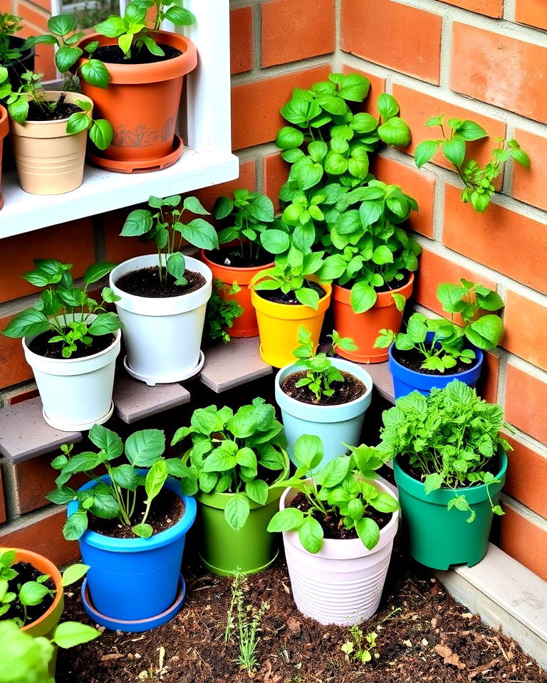 mini herb garden using a collection of small pots - 15 Corner Garden Ideas With Pots