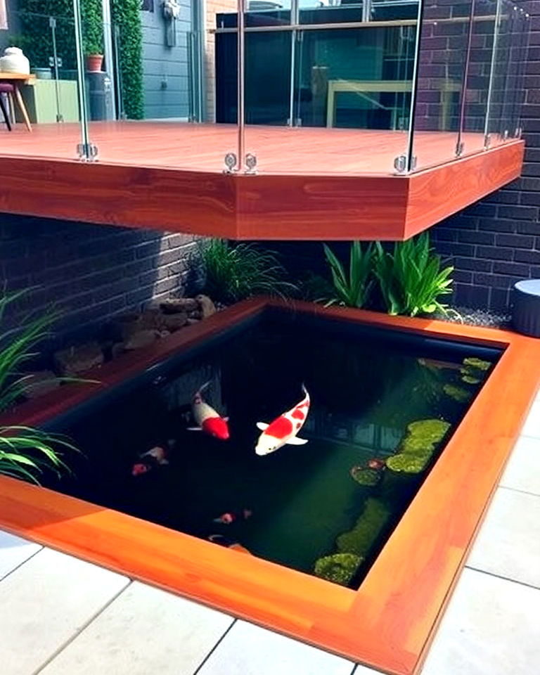 minimalist koi pond with floating deck - 15 Small Koi Pond Ideas