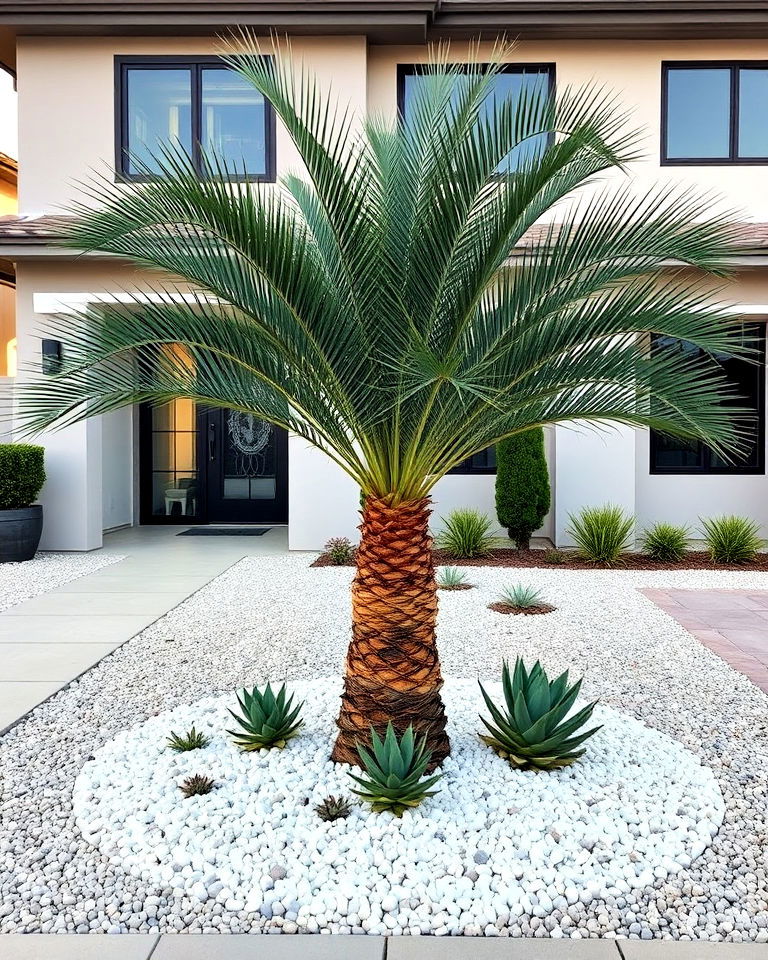 minimalist palm accent with gravel bed - 25 Front Yard Palm Tree Landscape Design Ideas