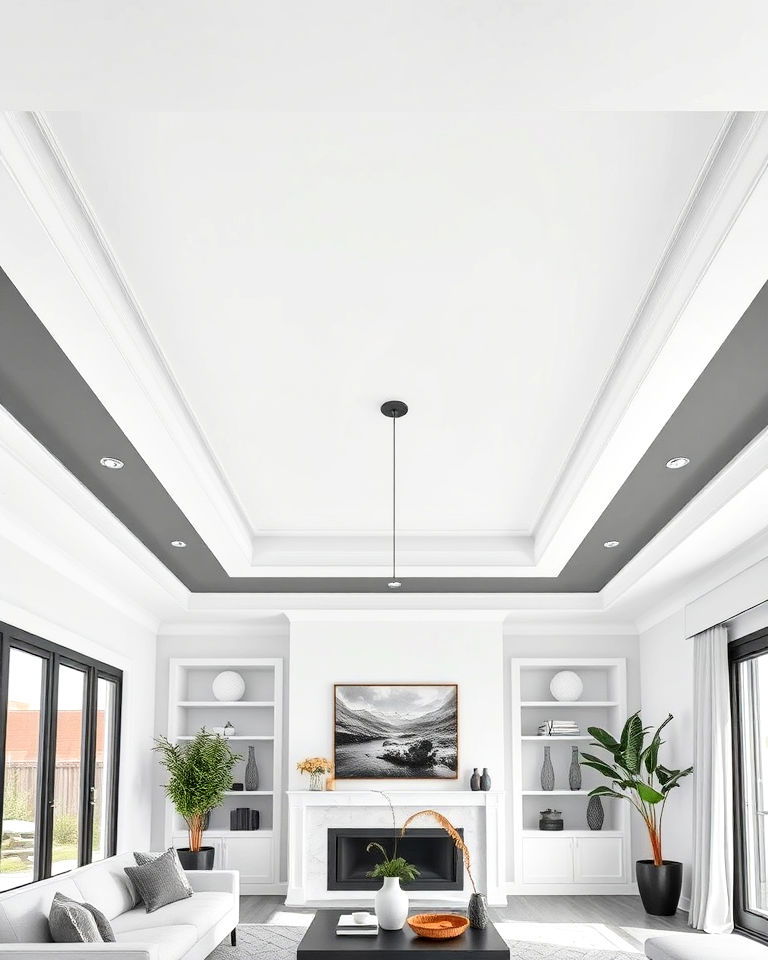minimalist reverse tray ceiling in a monochrome palette - 20 Reverse Tray Ceiling Idea