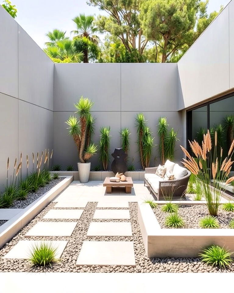 minimalist sunken garden with sculptural accents - 15 Sunken Garden Ideas