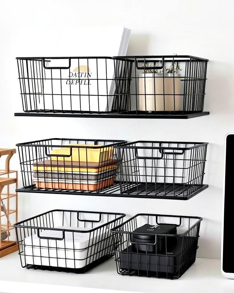 minimalist wire baskets to industrial decor - 30 Industrial Home Office Ideas