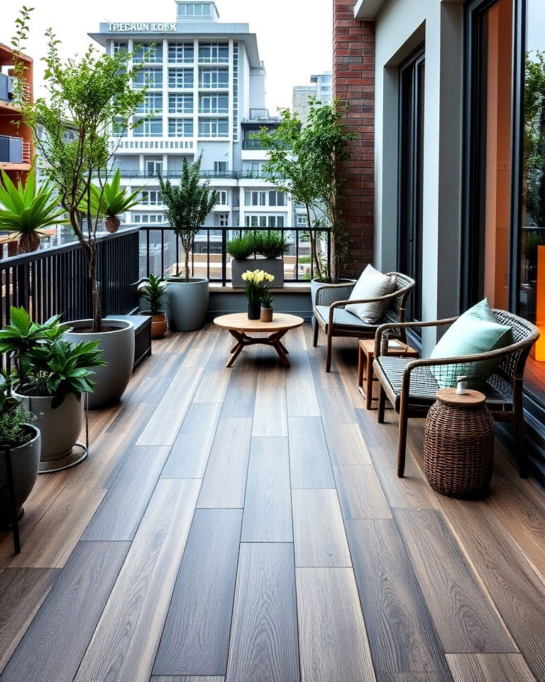 minimalist wood look balcony tiles - 20 Balcony Tiles Ideas