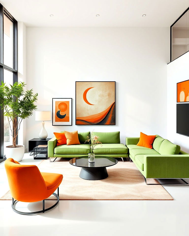 minimalist yet vibrant green and orange living room - 25 Green and Orange Living Room Ideas