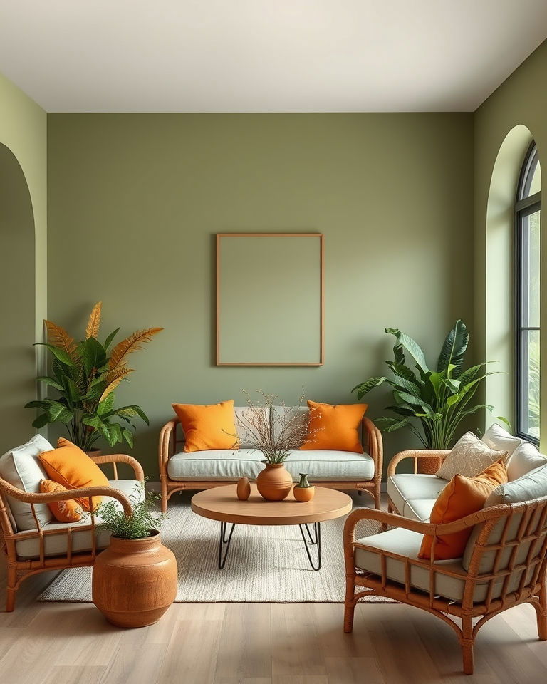 minimalistic and natural green and orange living room - 25 Green and Orange Living Room Ideas