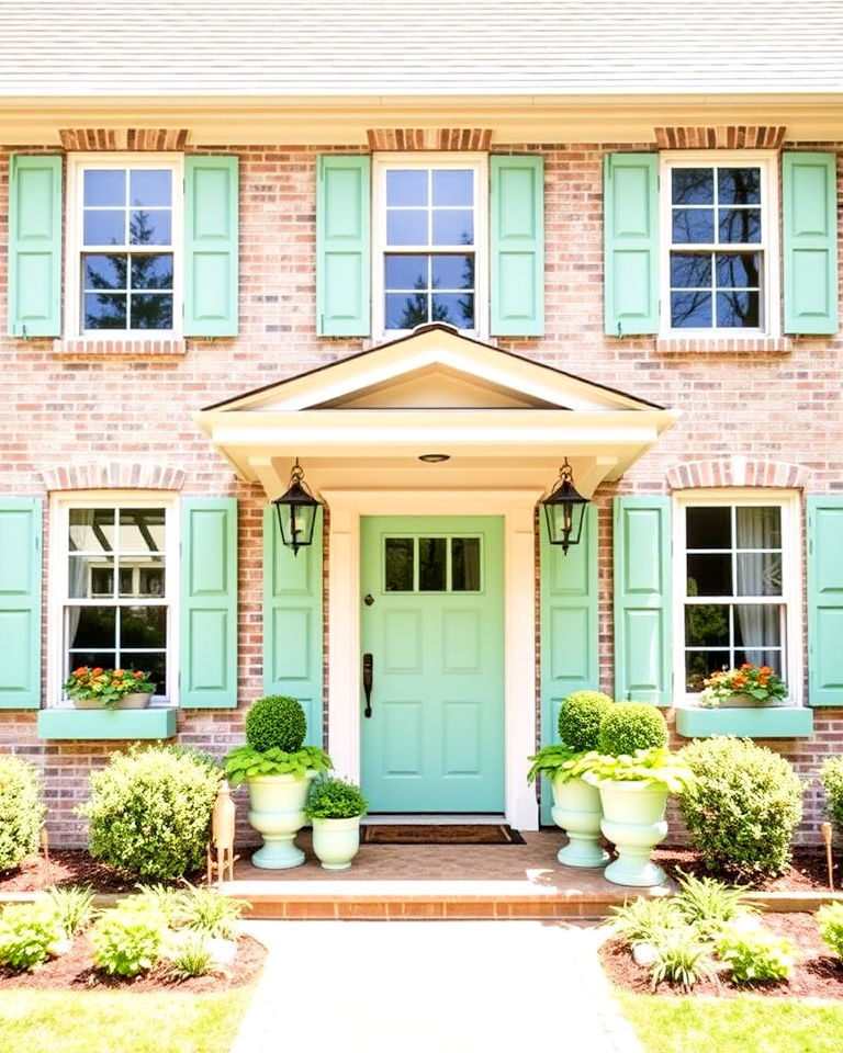 mint green accents paired with creamy trim - 25 Blonde Brick House Color Schemes