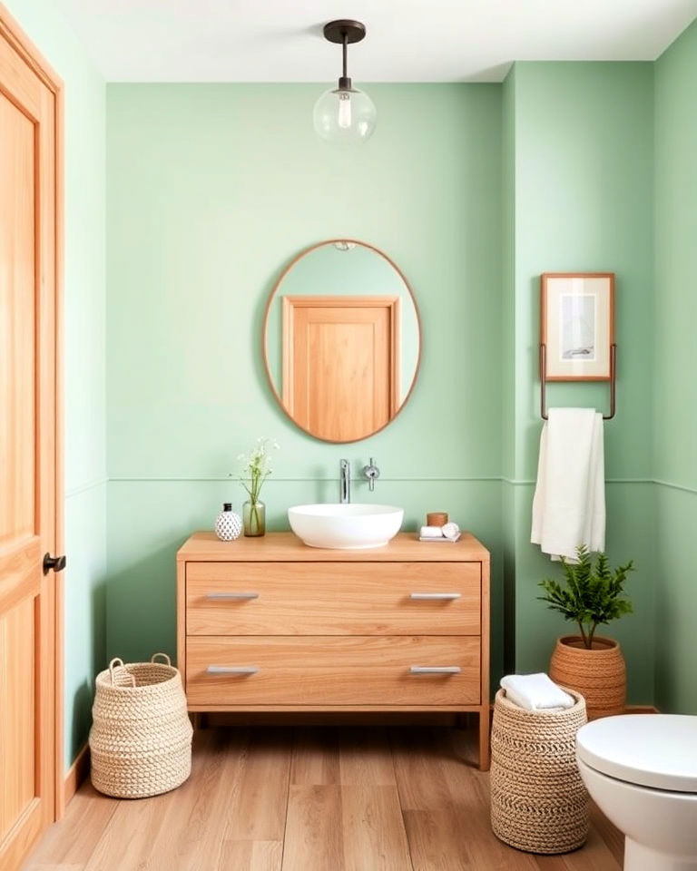 mint green walls with wooden accents bathroom - 15 Light Green Bathroom Ideas