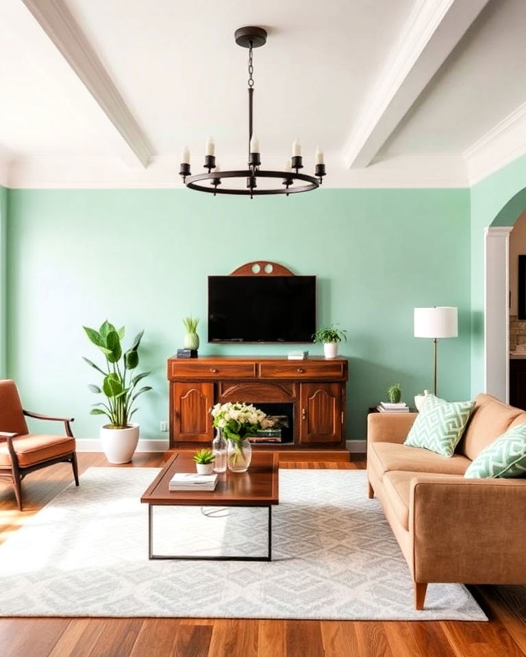 mint green with brown living room - 25 Colors That Go With Brown for Any Room