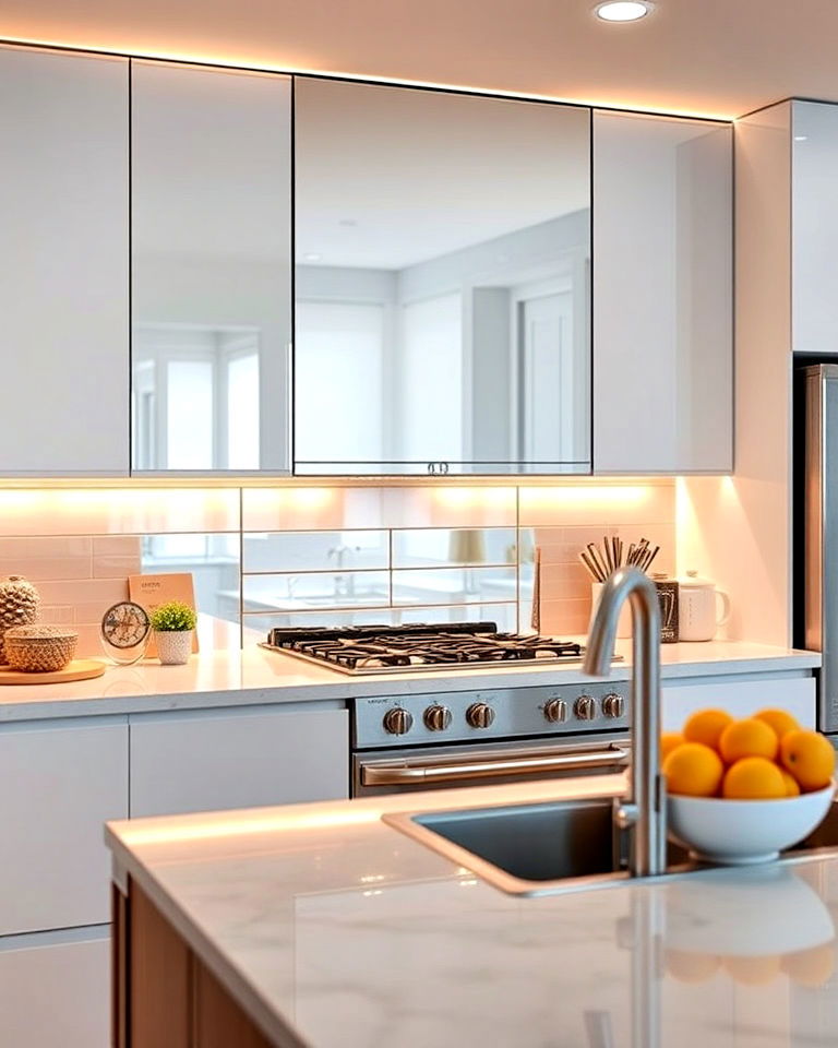 mirrored backsplash with led lighting - 25 Mirrored Backsplash Kitchen Ideas