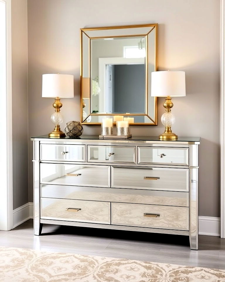 mirrored dresser makes a stunning entryway centerpiece - 15 Entryway Dresser Ideas