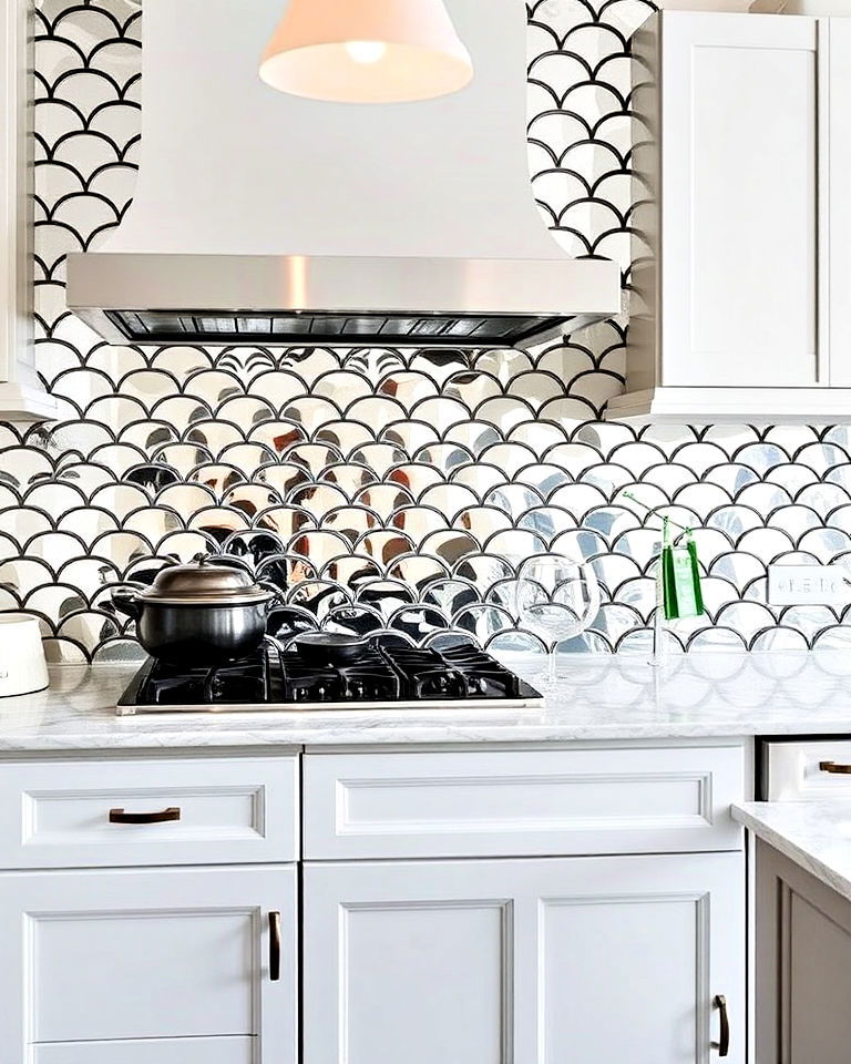mirrored fish scale tiles for unique texture - 25 Mirrored Backsplash Kitchen Ideas