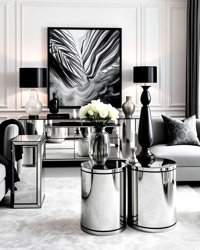 mirrored furniture with black accents to enhance living room - 20 Luxury Black and White Living Room Ideas