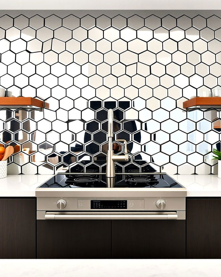 mirrored hexagonal tiles for contemporary flair - 25 Mirrored Backsplash Kitchen Ideas
