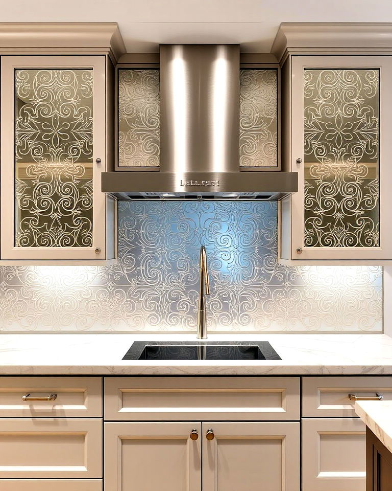 mirrored panels with etched patterns - 25 Mirrored Backsplash Kitchen Ideas