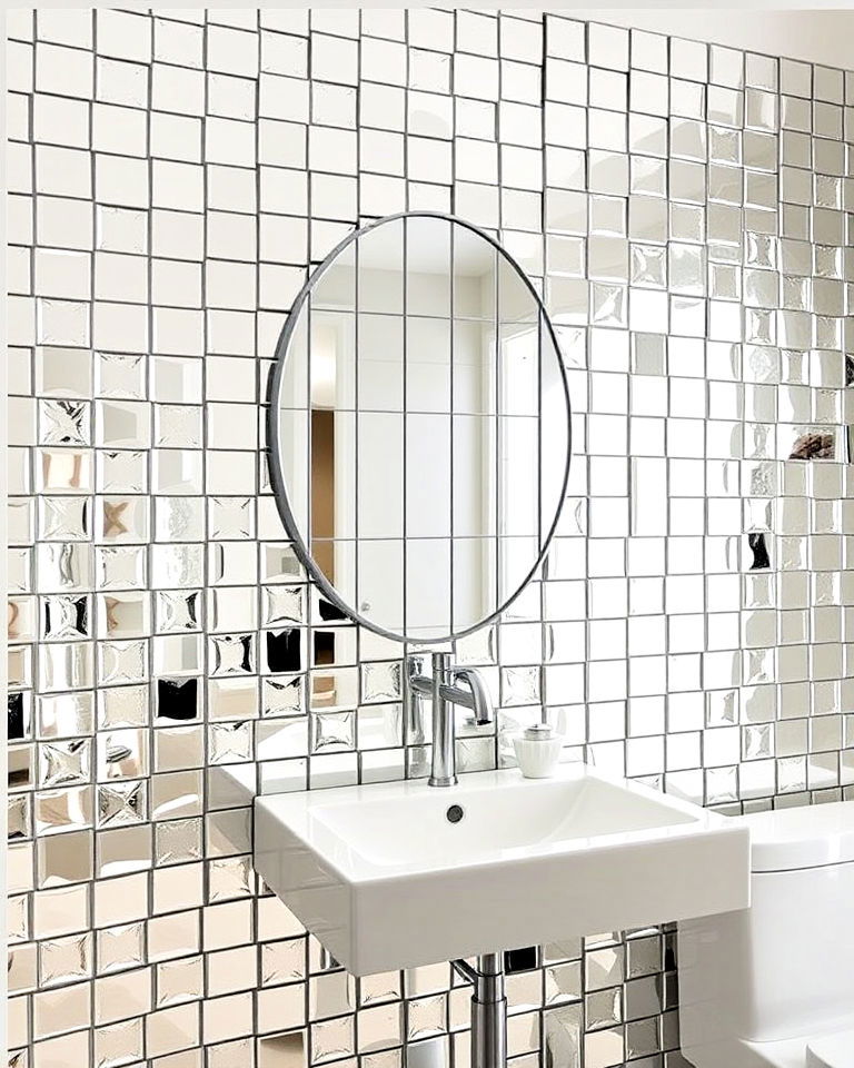 mirrored tiles arranged in a mosaic pattern - 15 Mirror Collage Wall Ideas