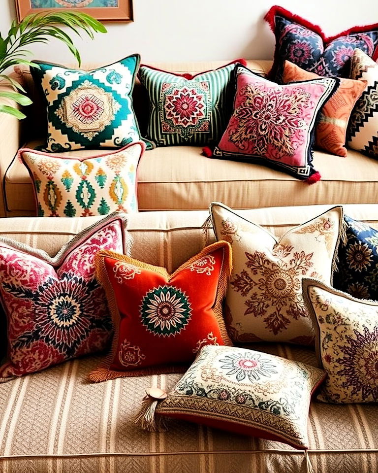 mix and match boho throw pillows for your sofas - 25 Bohemian Eclectic Interior Design Ideas
