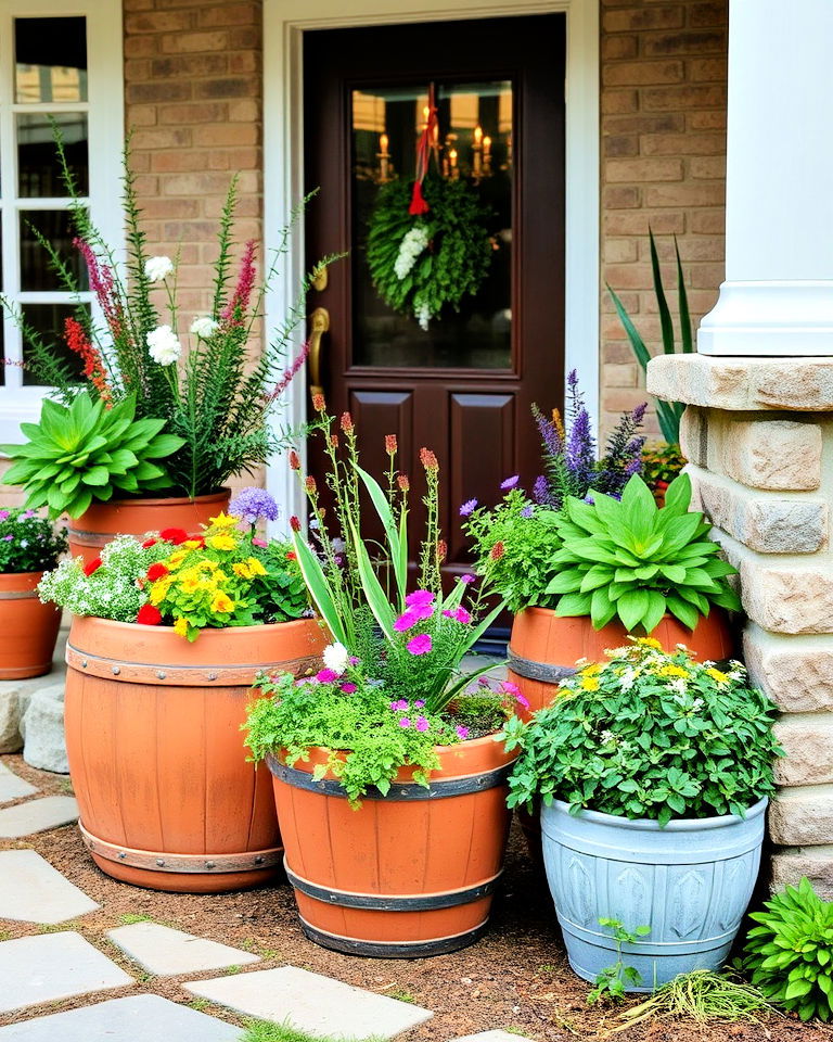 mix and match textures with rustic planters - 20 Front Yard Landscaping With Potted Plants