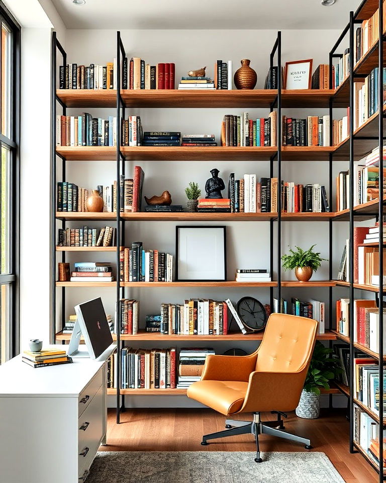 mixed material shelving home office - 25 Home Office Library Ideas