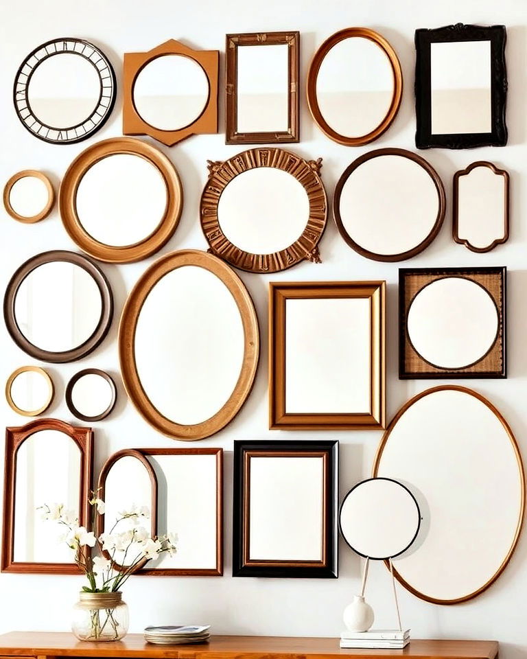 mixed shapes and sizes to a gallery wall - 25 Mirror Gallery Wall Ideas