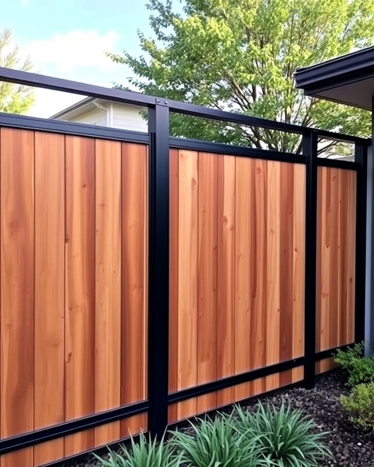 modern accent with metal frame and trim - 20 Board on Board Fence Ideas