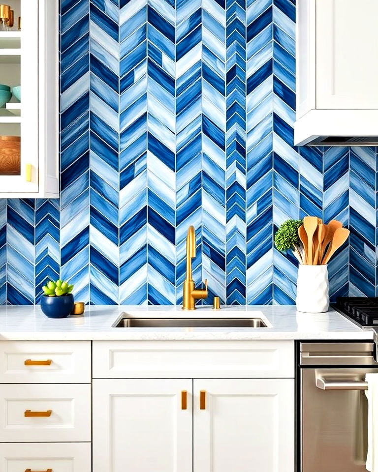 modern and traditional blue chevron backsplash - 25 Kitchen With Blue Backsplash Ideas
