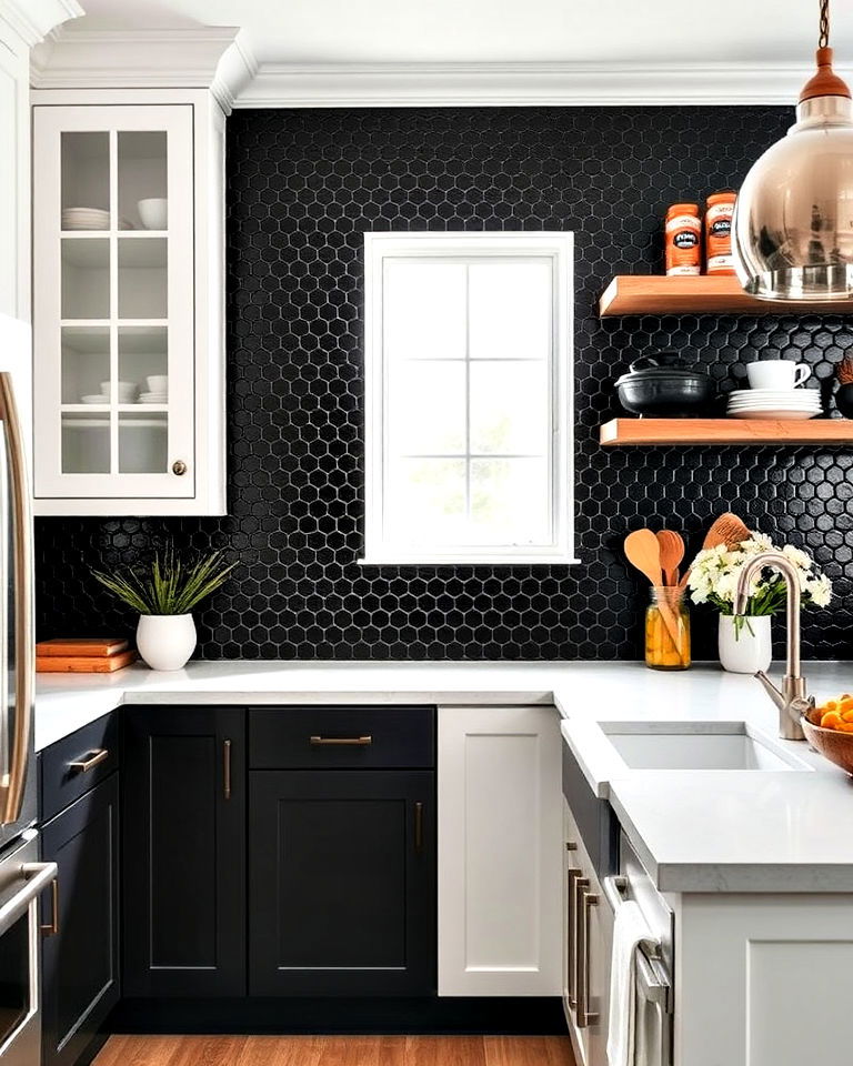 modern black penny tiles for playful texture - 20 Kitchens With Dark Backsplashes