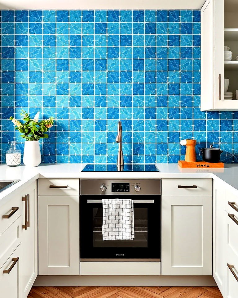modern blue geometric pattern tiles for kitchen - 25 Kitchen With Blue Backsplash Ideas