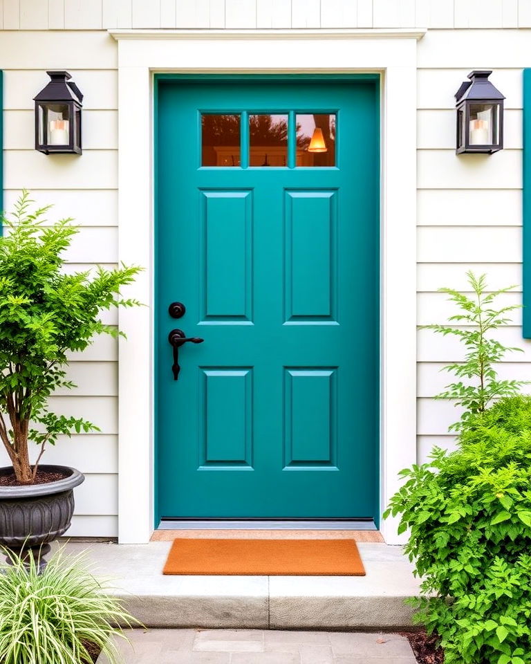 modern bold teal front door - 25 Farmhouse Front Door Ideas