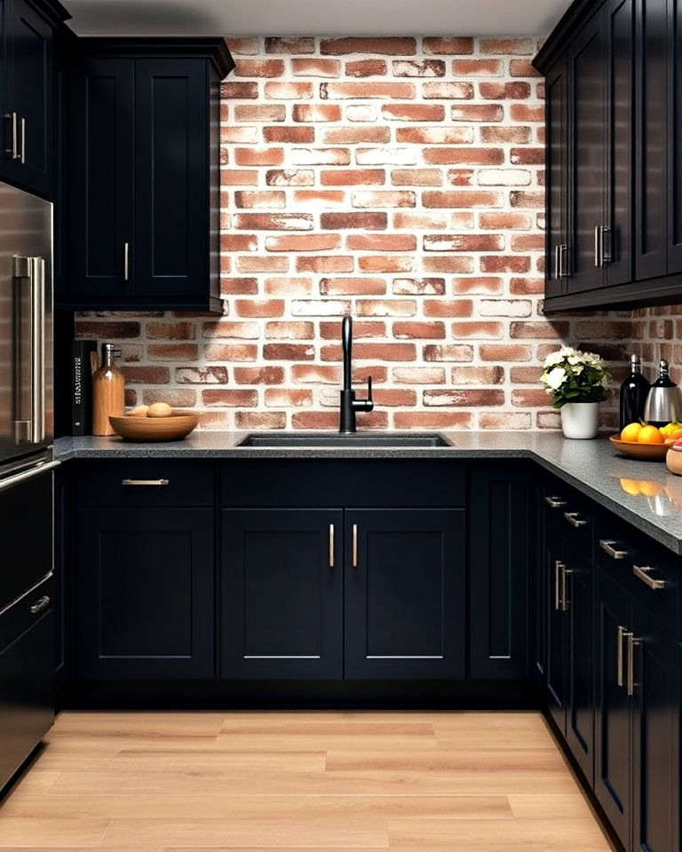 modern brick backsplash with dark cabinets - 25 Kitchen With Brick Backsplash Ideas