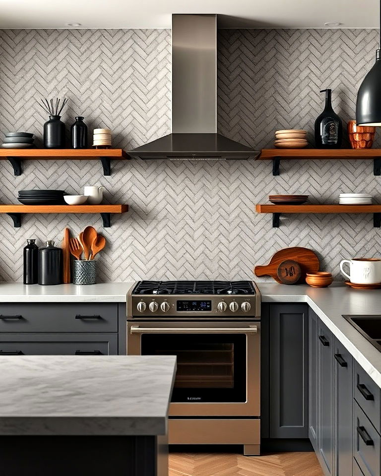 modern concrete look herringbone tiles backsplash - 25 Kitchens With Herringbone Tile Backsplashes