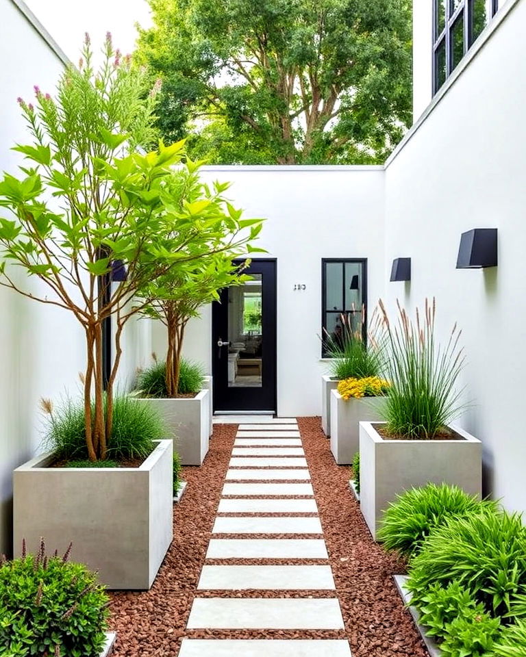 modern concrete planters to front yard courtyard - 25 Front Yard Courtyard Ideas